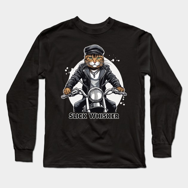 Slick Whisker Biker Cat Long Sleeve T-Shirt by Kingrocker Clothing